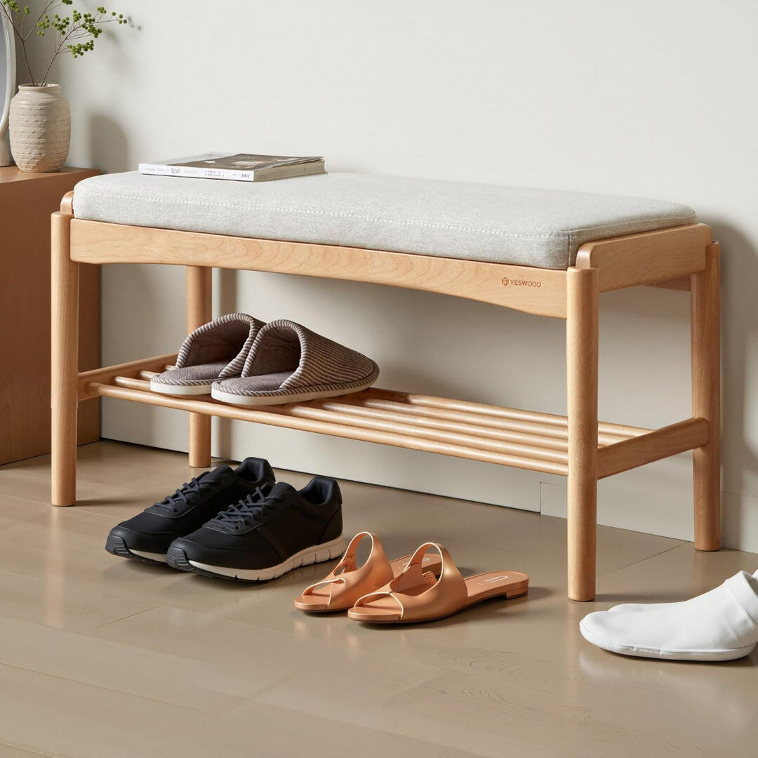 East Urban Home Upholstered Bench with Shoe Storage and Shelves Natural Oak 80cm