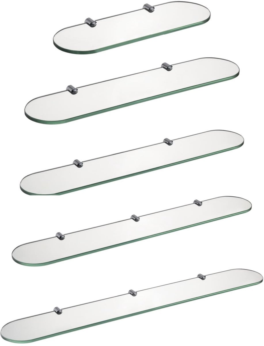Merkloze wandplank van gelaagd glas met chroom bevestiging