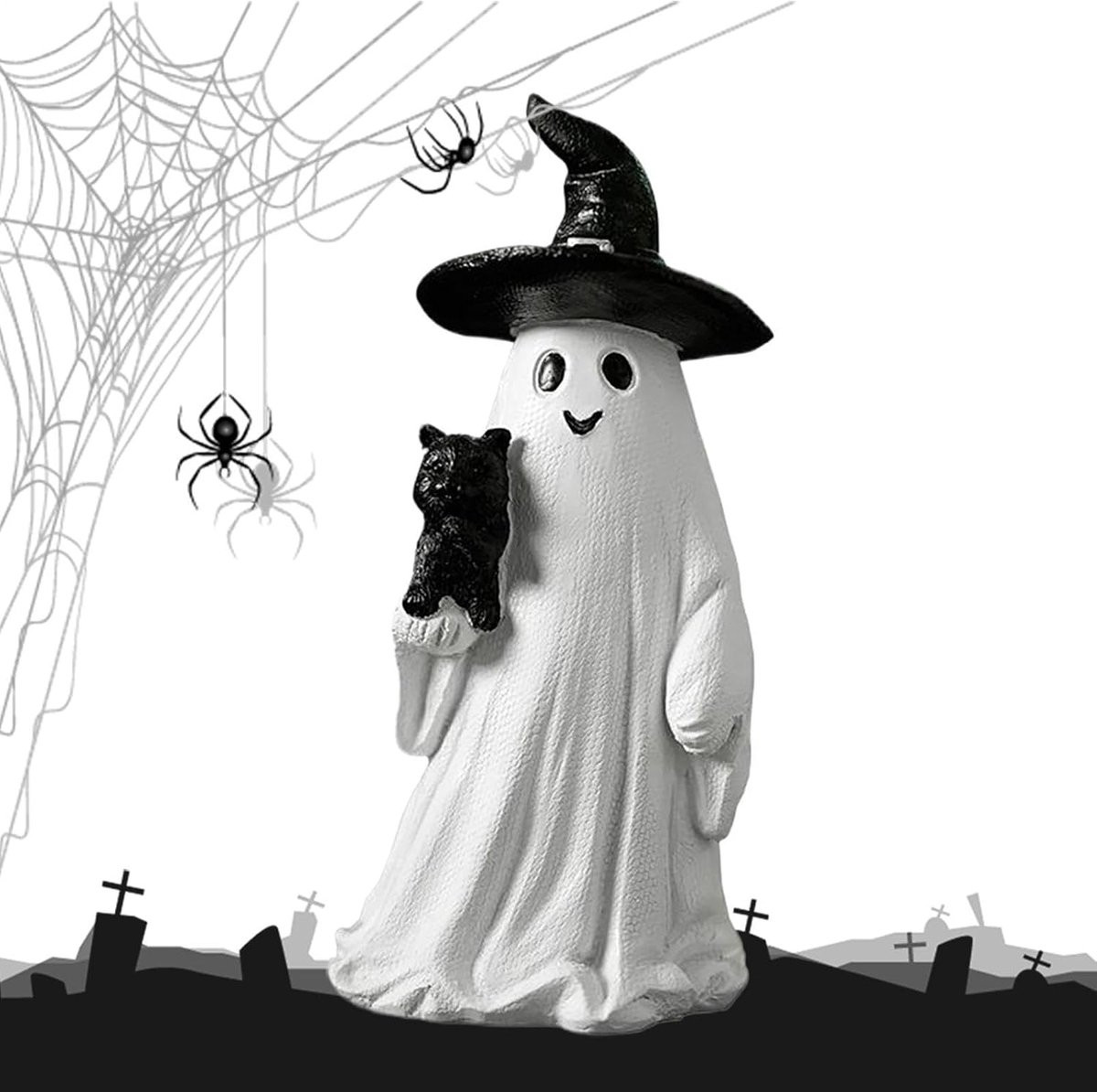 Handgeschilderd Spookbeeldje Kattengeest Decoratie voor Halloween, Hoogte: 18 cm