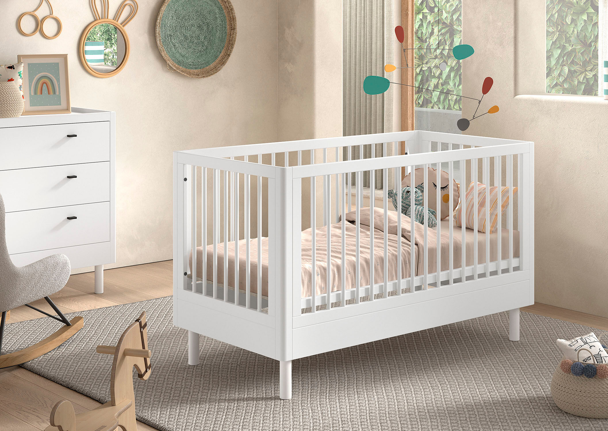 Babybett VIPACK "Forrest, aus massiver Buche weiss lackiert, zeitloses Design", weiss (weiß lackiert), H:88cm L:144,4cm T:74cm, Massivholz, Babybetten, Babybett, 3-fach höhenverstellbarer Lattenrost, sehr stabil gebaut weiß lackiert Lattenrost, B/H/L: 88c
