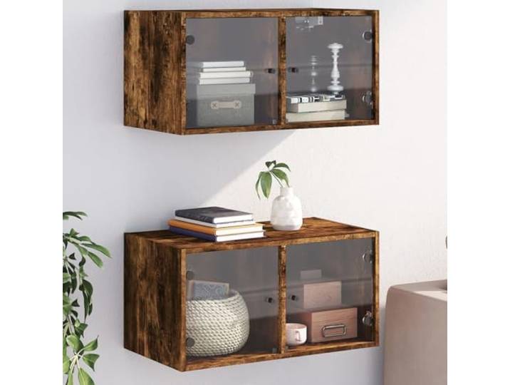 VIHHQGC Wandschränke mit Glastüren 2 STK. Räuchereiche 68,5x37x35 cm Holzwerkstoff, feuchtigkeitsresistent, mehrteilige Fächer, schwebende Optik, Wandmontage, Deko-Präsentation