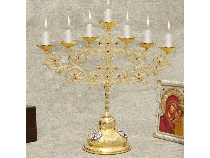 HTISOK bougeoir orthodoxe à 7 branches avec Base pour la décoration de la maison d'église bougeoir orthodoxe en alliage de Zinc plaqué or