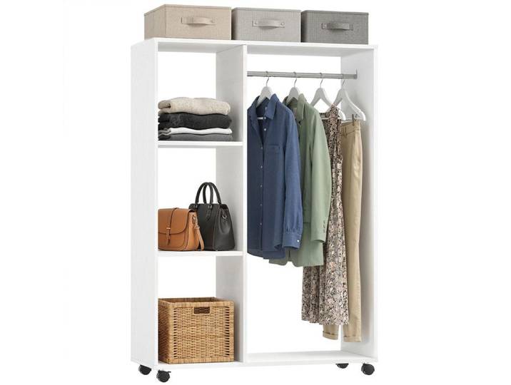 Armoire penderie - Rangement de vêtements - 80 x 40 x 128 cm - Coloris blanc - Panneaux mélaminés - Roulettes pour le déplacement