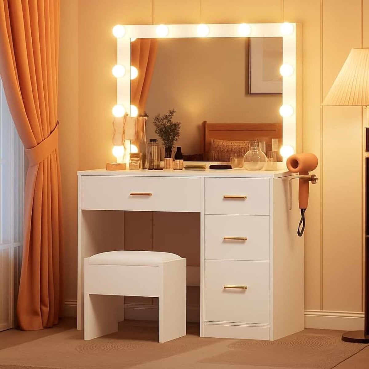 Witte make-uptafel met spiegel, 4 laden, kruk en verlichting met stopcontact