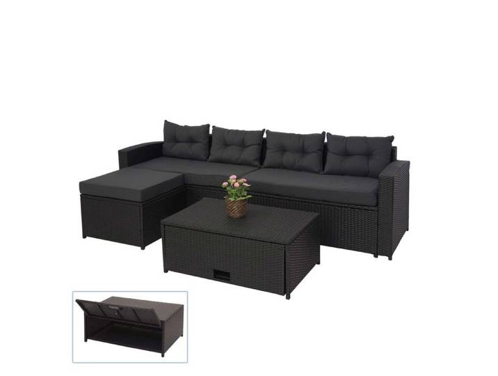 Ensemble poly rotin HWC-J34 ensemble balcon/jardin/salon groupe de sièges sofa - noir coussins gris foncé