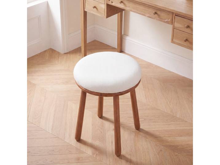 Hocker aus Akazienholz und ecrufarbener Baumwolle