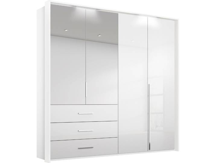 Drehtürenschrank, Weiß Hochglanz, 204x225x65 cm, Holzwerkstoff, Mit Beleuchtung & Wäscheeinteilung, Klassisch, Rauch