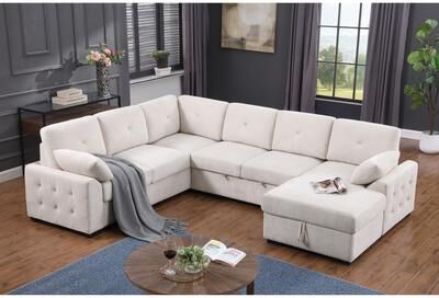 Modern Chenille L-Shaped Sofa with Convertible Sleeper and Storage by GDFStudio