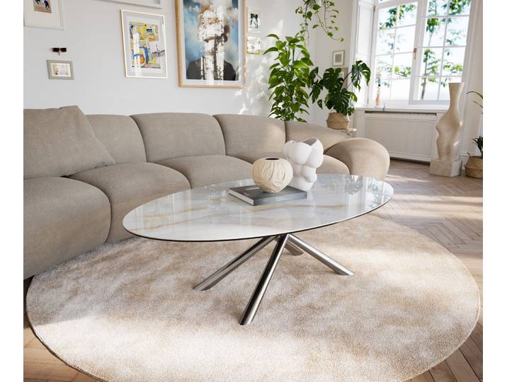 DELIFE Couchtisch Edge Oval 135x80 cm Keramik Onyx Pearl Sarity Edelstahl gebürstet, Couchtische