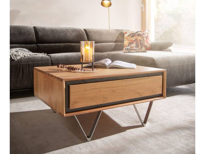 Couchtisch Stonegrace 80x60 cm Akazie Natur 2 Schubladen Steinfurnier, Couchtische