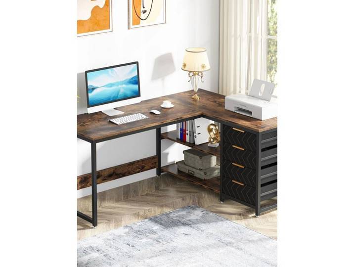 Tribesigns Bureau d'angle en L 150 cm 4 tiroirs et étagère à 2 niveaux réversible pour bureau à domicile