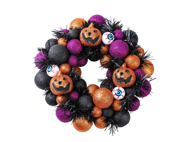 Halloween Dekokranz mit Augäpfel 30 cm orange/violett/schwarz
