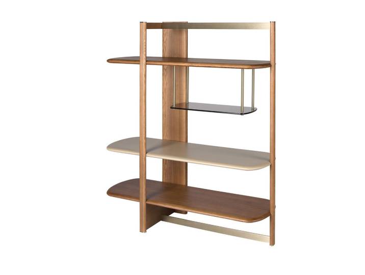 Angel Cerda Linkes rechteckiges Regal, heller Nussbaum und Greige, Angel Cerdá Modell 3300, Walnussfarben, Greige, Holzwerkstoff, Echtholz,Nussbaum, Holz Optik, 4 Fächer, nicht einzeln stellbar,Rechteckig,Rechteckig, 140x162x50 cm, Wohnzimmer, Regal, Bücherregale