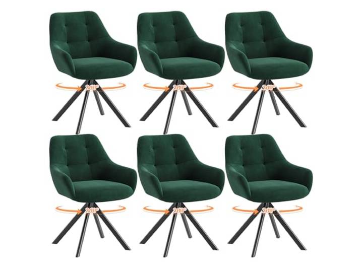 MALOL Drehbare Esszimmerstühle 6er Set, 360° Drehbare Armlehnstühle mit weichem Florstoff & Metallgestell, Bequeme Esszimmerstühle Drehbar mit Rückenlehne für Küche, Esszimmer, Büro, Grün