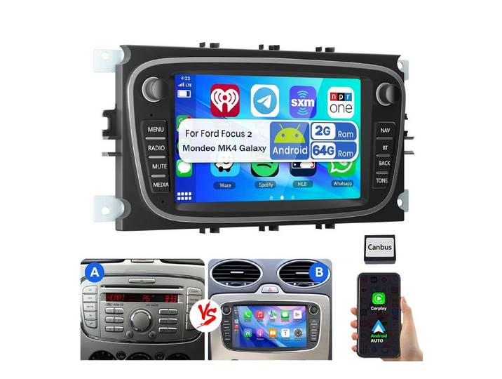 ESSGOO Android15 Für Ford Focus Mk2 Mondeo C/S-MAX Galaxy Kuga GPS Autoradio Navigationsgerät (Carplay Android Auto Bluetooth EQ USB GPS Navi WIFI Touchscreen)