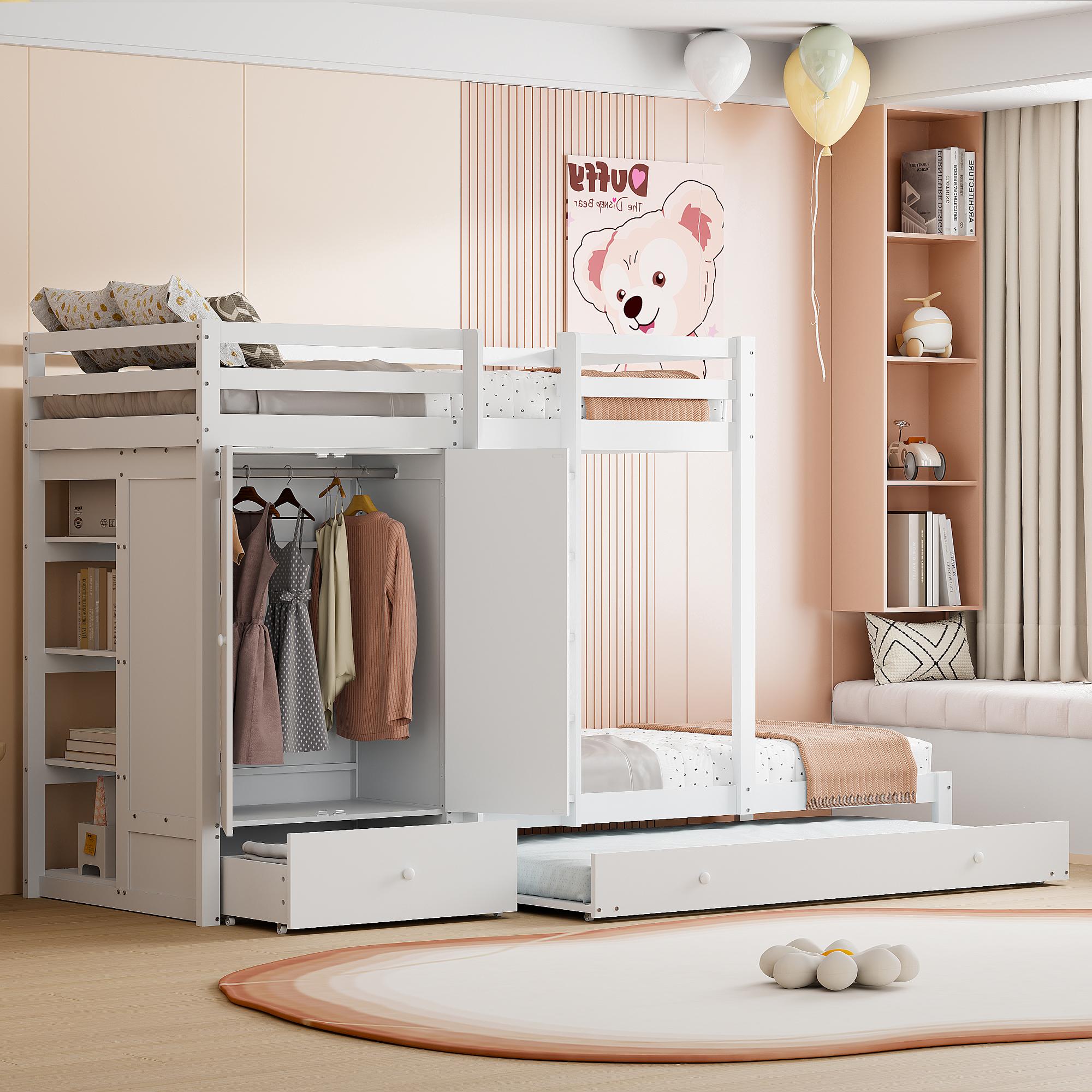 Fortuna Lai Etagenbett aus Massivholz 90*200 mit Ausziehbett, multifunktionales Kinderbett mit Kleiderschrank, Schubladen und Ablagefach, weiß