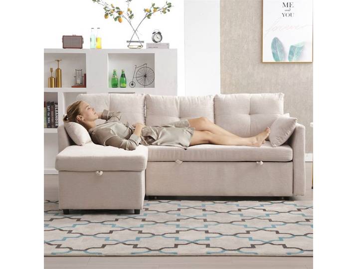 DRIPEX Canapé Moderne 3 Places en forme de L Canapé-Lit convertible avec espace de rangement Beige