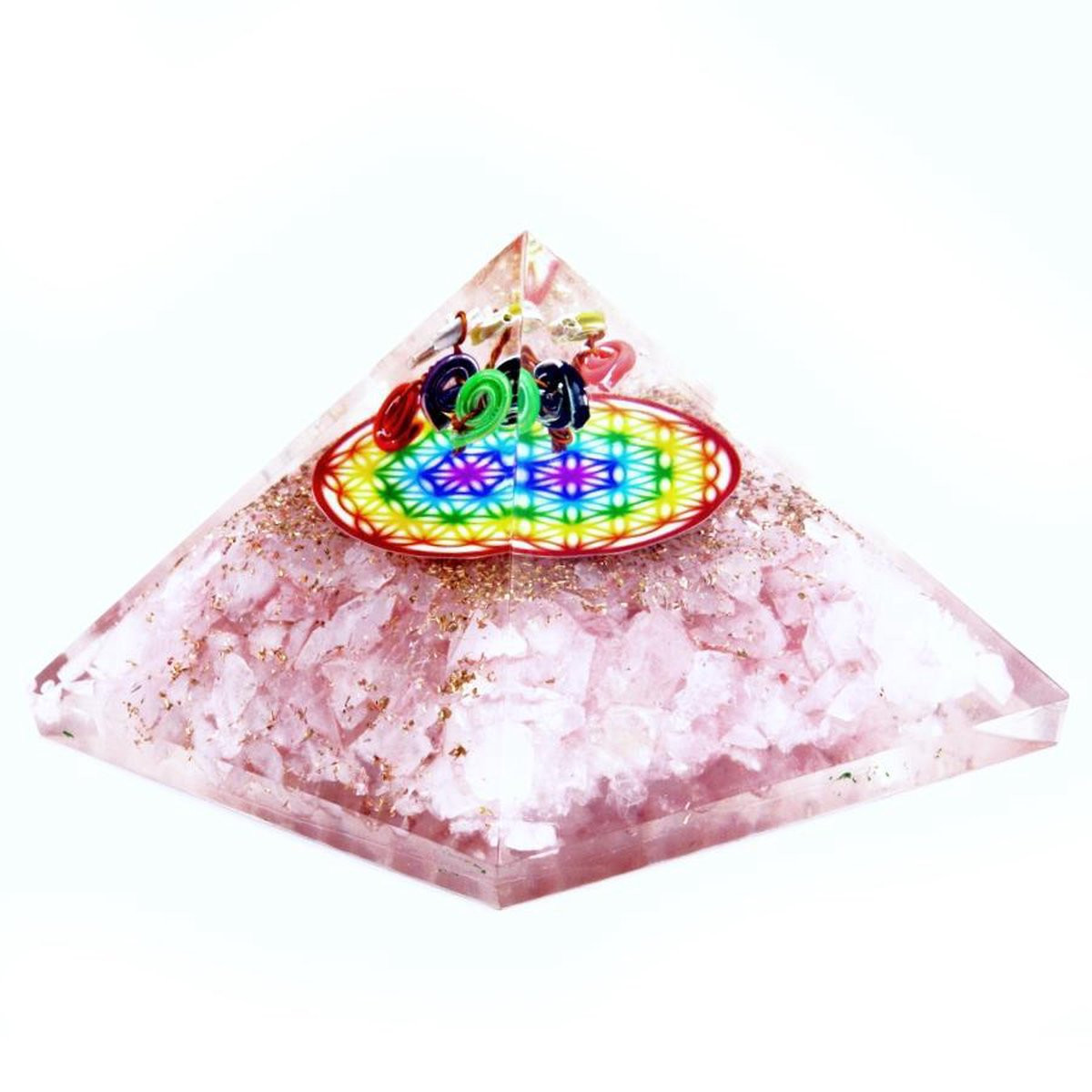 Ancient Wisdom Orgonite Piramide Rozenkwarts Regenboogbloem des Levens 70 mm