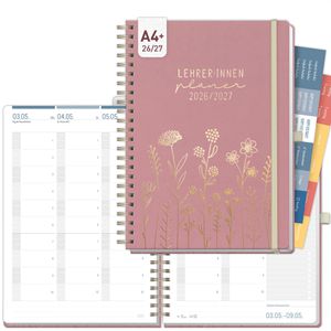 Häfft Lehrerkalender Fine Flowers rose, Schuljahr 2026/2027, A4, mit Hardcover, Ringbindung & Gummiband, 1 Woche = 2 Seiten