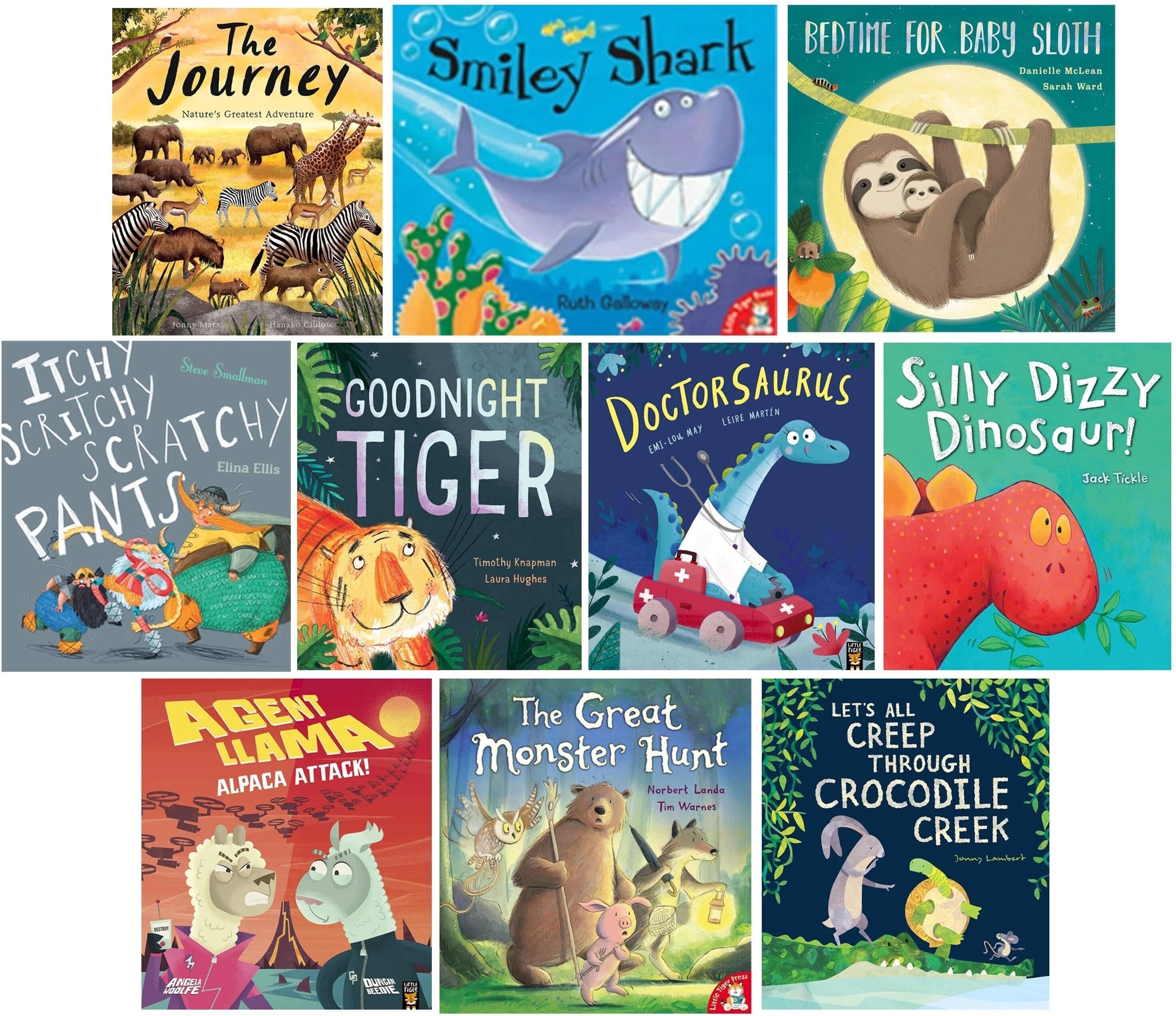 Little Tiger Animal Bed Time Stories Illustrated 10 Picture Books Collection Set (The Journey, Smiley Shark, Bedtime for Baby Sloth, Itchy, Scritchy, Scratchy Pant