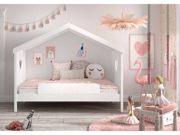 Hausbett VIPACK Amori, inkl. Dach, Rückseitig offen, mit Rolllattenrost , weiss (weiß), B:98,7cm H:213cm L:209cm, Bettgestell Massivholz;Dachaufbau MDF, Betten, Hausbett, wahlweise, mit oder ohne Schublade und Absturzschutz, weiss lackiert