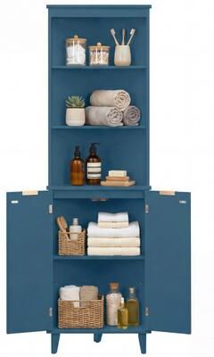 Costway 68 Inch Tall Bathroom Floor Storage Cabinet with Fluted Doors-Blue