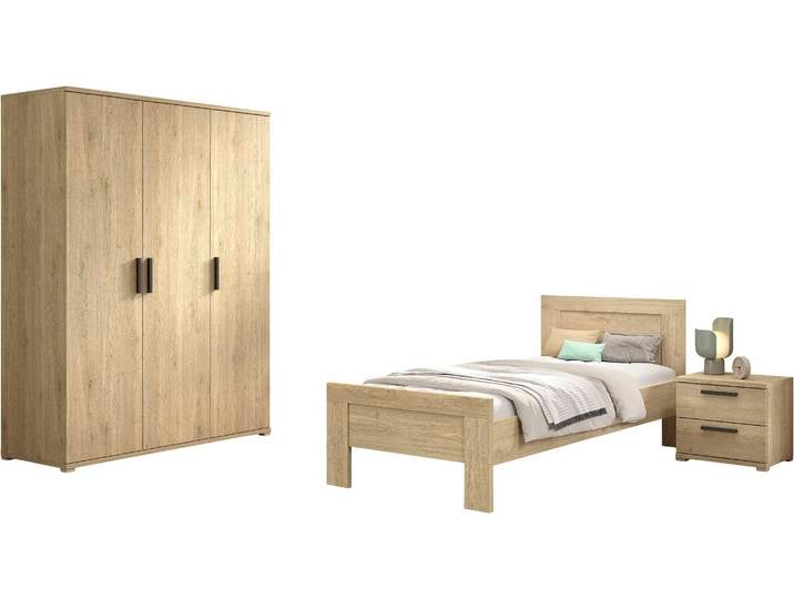 Jugendzimmer-Set VIPACK SAM - Bett, Nachtkonsole, Kleiderschrank 3-trg., gradliniges Design , braun (eiche dekor), ohne Matratze, B/H: 90cm x 200cm, Schlafzimmermöbel-Sets, Jugendzimmer-Set