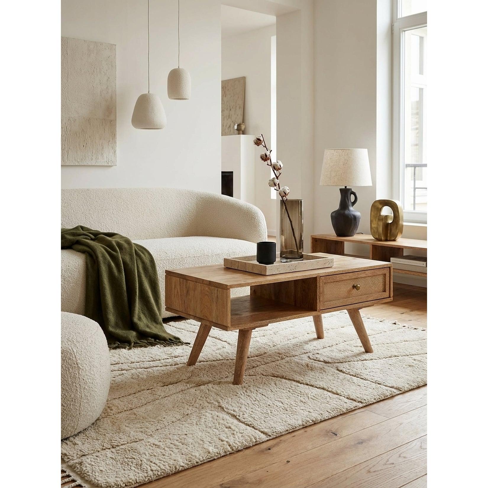 Couchtisch in Naturfarben aus Mango Massivholz und Rattan, 90x40x45cm mit Stauraum und Schublade