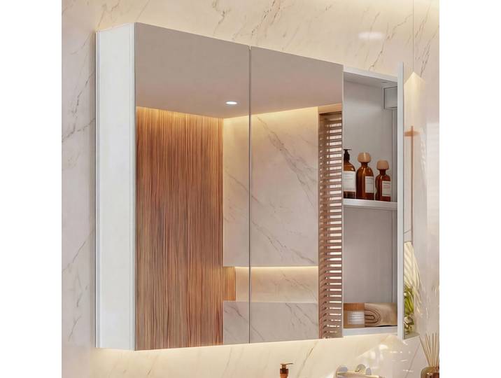Spiegelschrank HWC-B19b, Badschrank Hängeschrank, 6 Regalböden hochglanz - 70x80x16cm weiß