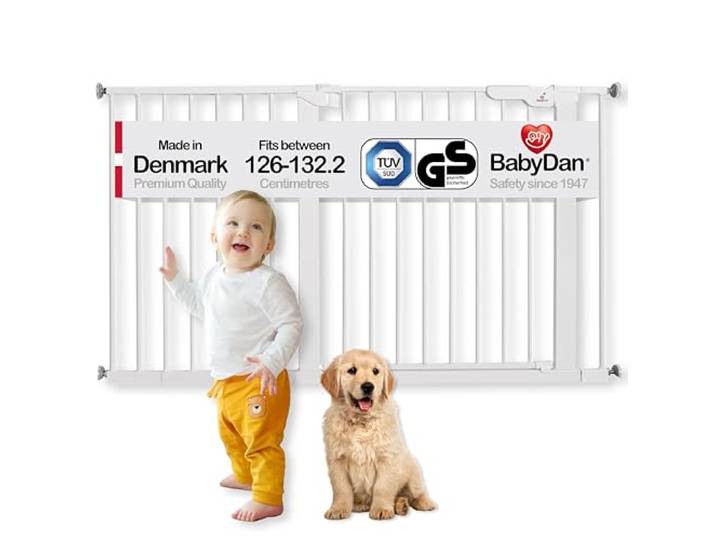 BabyDan Premier, Extra breit Ohne bohren Treppenschutzgitter, 126-132,2 cm, Babygitter/Sicherheitsgitter, Metall, Weiß, Hergestellt in Dänemark - (Haustiergitter/Hundegitter)