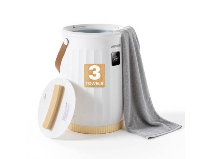 VEVOR Chauffe-Serviettes de Salle de Bain Seau 20 L avec Écran LED\, Blanc 4 Minuteries Réglables\, Poignée en Bois\, Arrêt Automatique\, pour Grandes Serviettes\, Couvertures et Peignoirs\, Spa\, Massage
