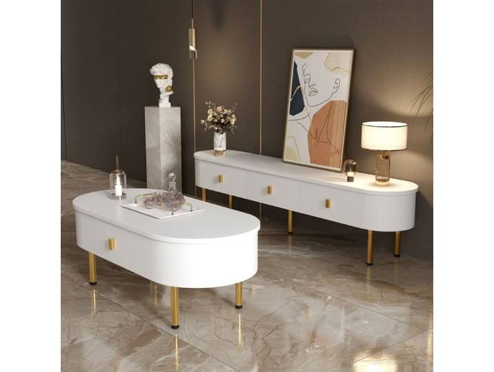 Ensemble Meuble TV et Table Basse - WOVREO - Contemporain - Rangement Spacieux - MDF - blanc et or