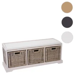 Sitzbank Bienne, Aufbewahrungsbox, 3 Körbe, Kubu-Rattan-Geflecht, 112x46x37cm ~ weiß