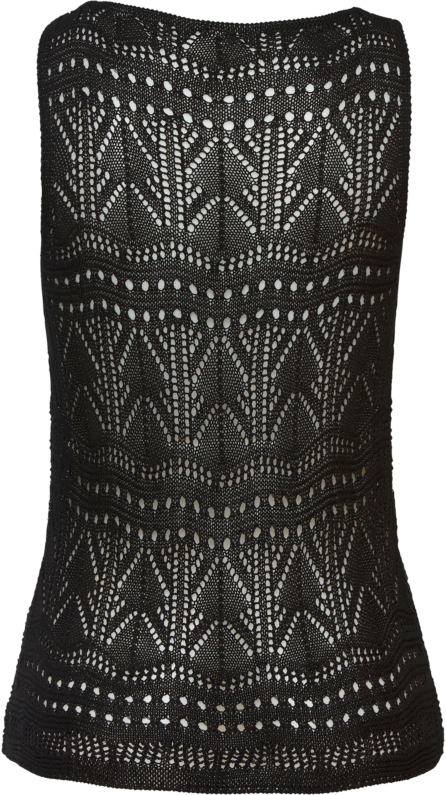 Stricktop S.OLIVER "mit semi-transparentem Ajourmuster", Damen, Gr. 32/34, schwarz, Strick, Obermaterial: 60% Baumwolle, 40% Polyester, leicht transparent, unifarben, figurbetont hüftlang, V-Ausschnitt, Tops Stricktop, Strandtop mit Lochmuster, transparen