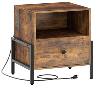 Costway Nightstand with Charging Station and Drawer Sofa Side Table-Rustic Brown