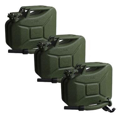 TRUTZHOLM 3x Benzinkanister Kraftstoffkanister Metall 10 Liter Hammerschlag Olivgrün inkl. Ausgießer + Halter