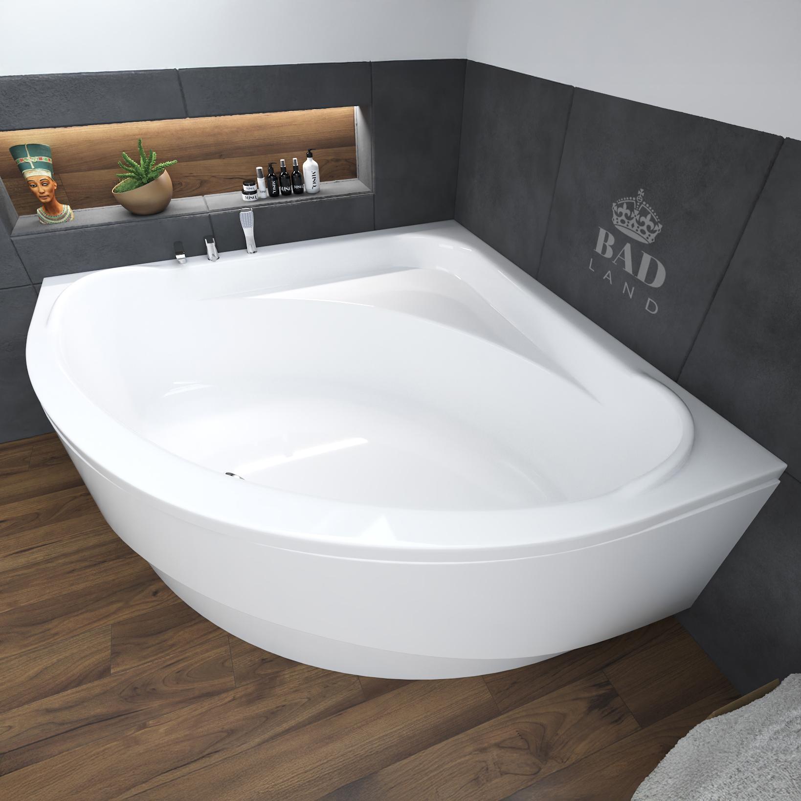 BADLAND Eckbadewanne Badewanne Standard 140x140 mit Acrylschürze, Füßen und Ablaufgarnitur GRATIS