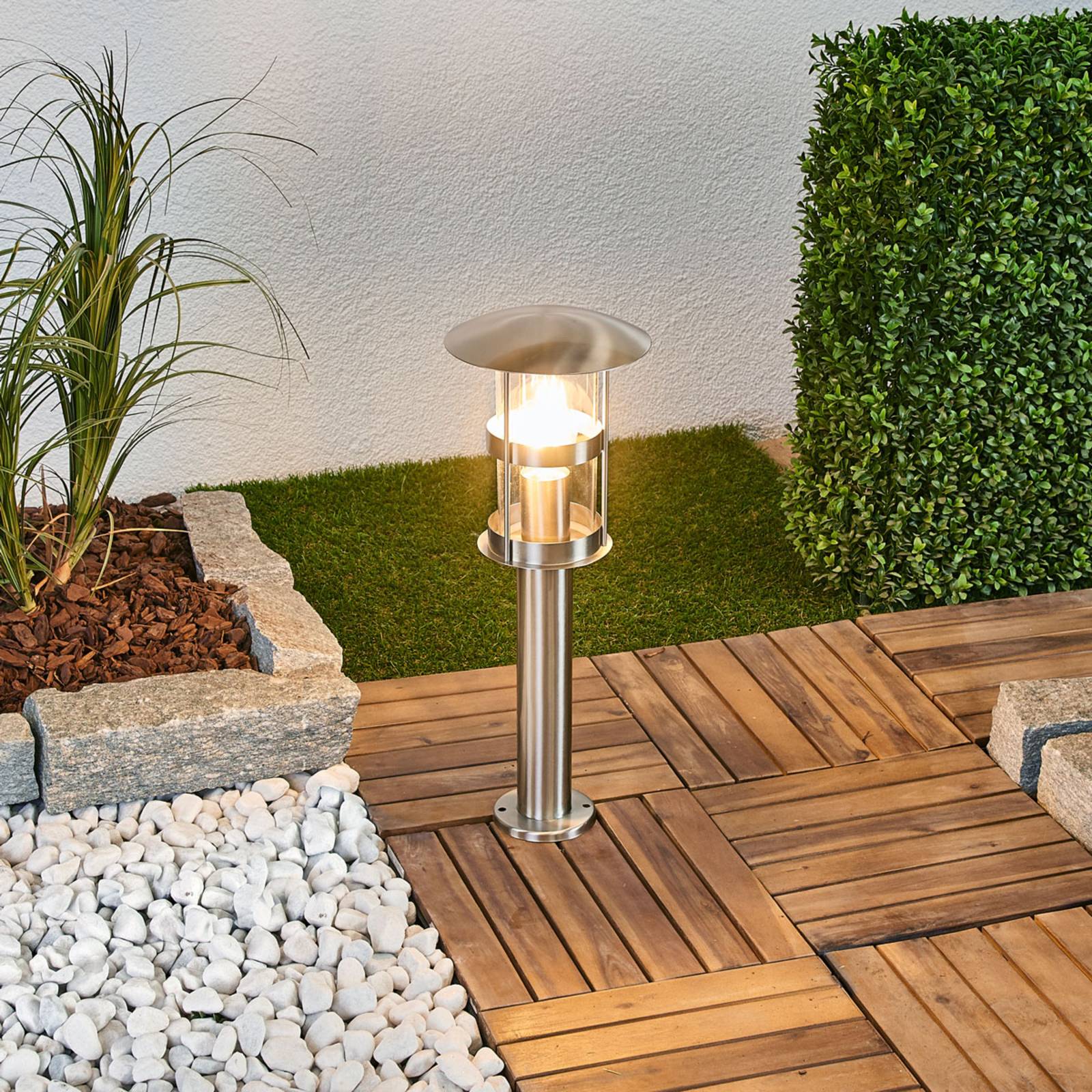 Lindby Noemi pillar light, grey, stainless steel, 50 cm, IP44, Alu / grey / zinc, Stainless steel, Modern, Outdoor lights