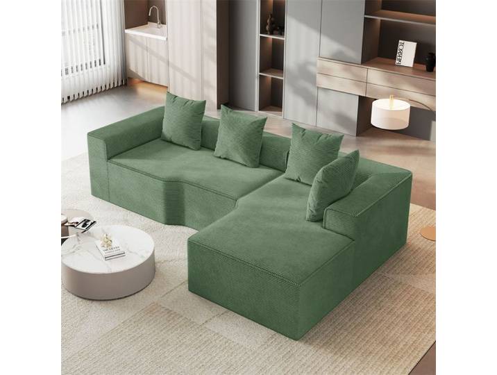 DRIPEX Canapé d'angle droit 4/5 places en Velours Côtelé Vert Canapé compressé avec 4 coussins méridienne droite 270x152x59cm