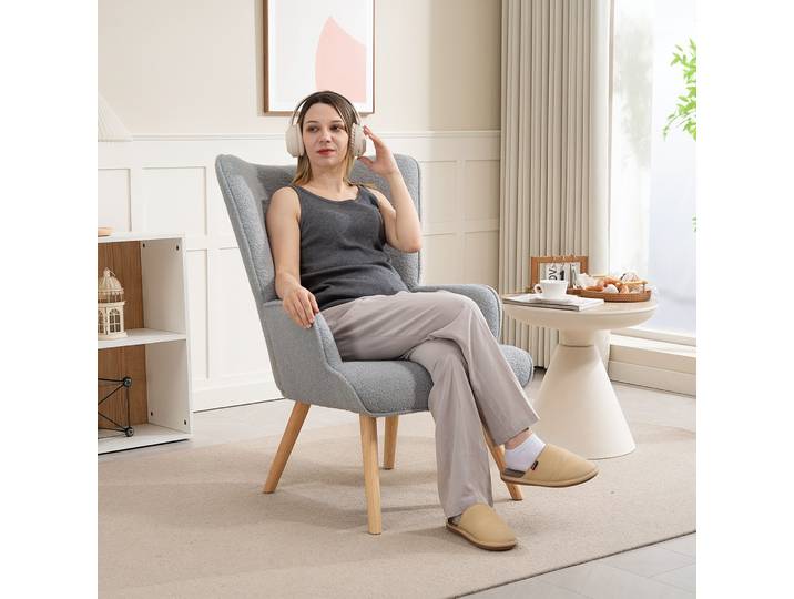 HOMCOM Fauteuil Salon Tissu Bouclette Gris Clair Pieds Bois