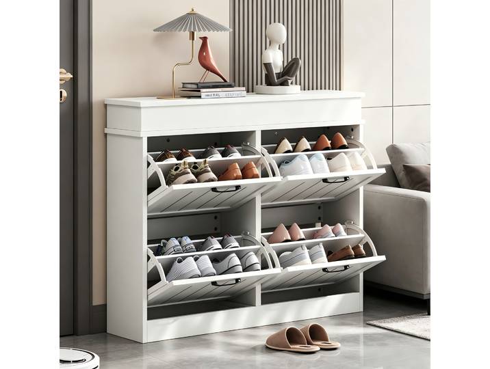 Meubliv Meuble À Chaussures Blanc 105x24x83 Cm – 4 Abattants\, 8 Compartiments
