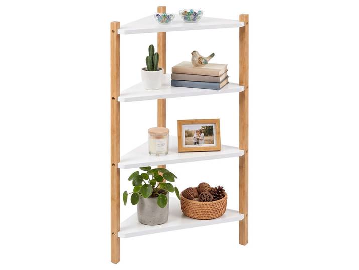 Relaxdays Eckregal Natur-Weiß 4 Ablagen, Holzwerkstoff, Holz, 46x80x25 cm, Wohnzimmer, Regal, Eckregale