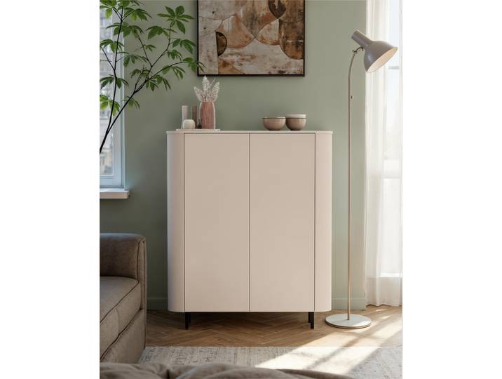 Highboard GOODPRODUCT, beige (cashmere), B:131cm H:154cm T:43cm, Holzwerkstoff, Sideboards, Highboard, Formgebogenes MDF, Stirnseiten mit Rundung, Push-to-open, Metallfüsse