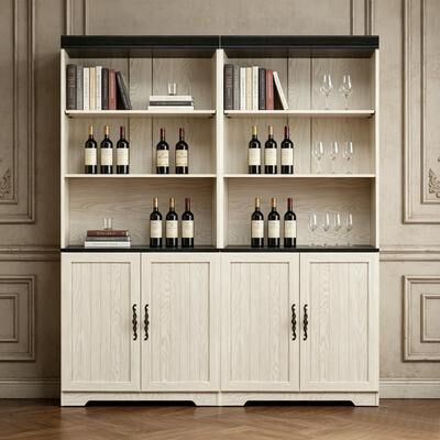 Freely Combine Set Of 2 PCS Tall Storage Bookcase, Height Adjustable Open Shelves & Closed Door Cabinet