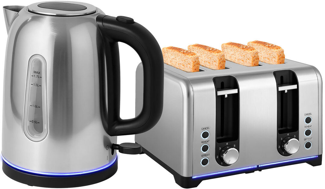 HOMCOM 4 Slice Wide Slot Toaster and 1.7L Rapid Boil Kettle Set Silver 4 - Slice