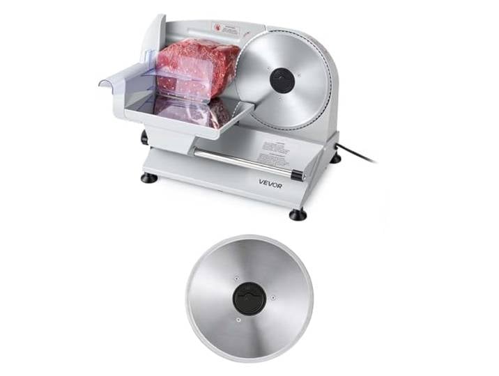 VEVOR Trancheuse Électrique\, Trancheuse à Jambon et Viande avec Épaisseur de Coupe Réglable 0-15 mm\, pour Baguette Fromage Saucisson Steak Viande Congelée Charcuterie\, Deux Lames en Inox de 190 mm