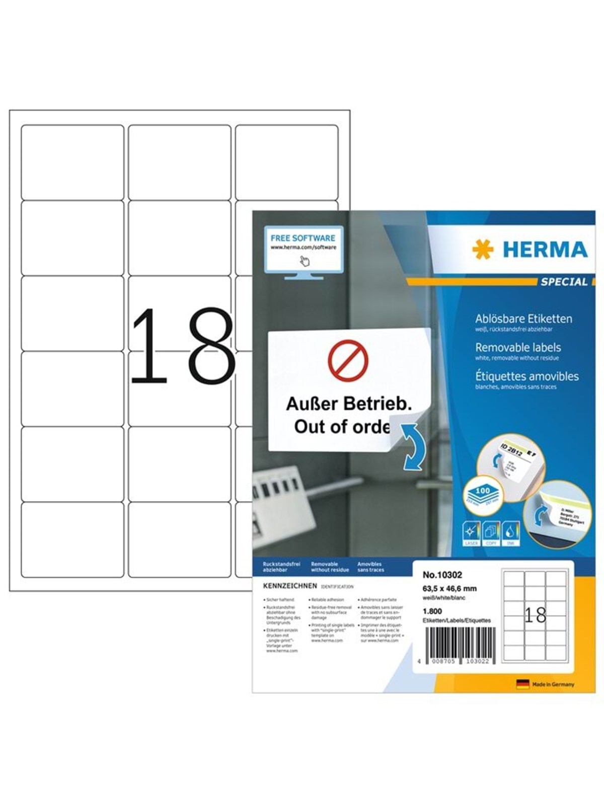HERMA Ablösbare Etiketten A4, 63,5 x 46,6 mm, weiß