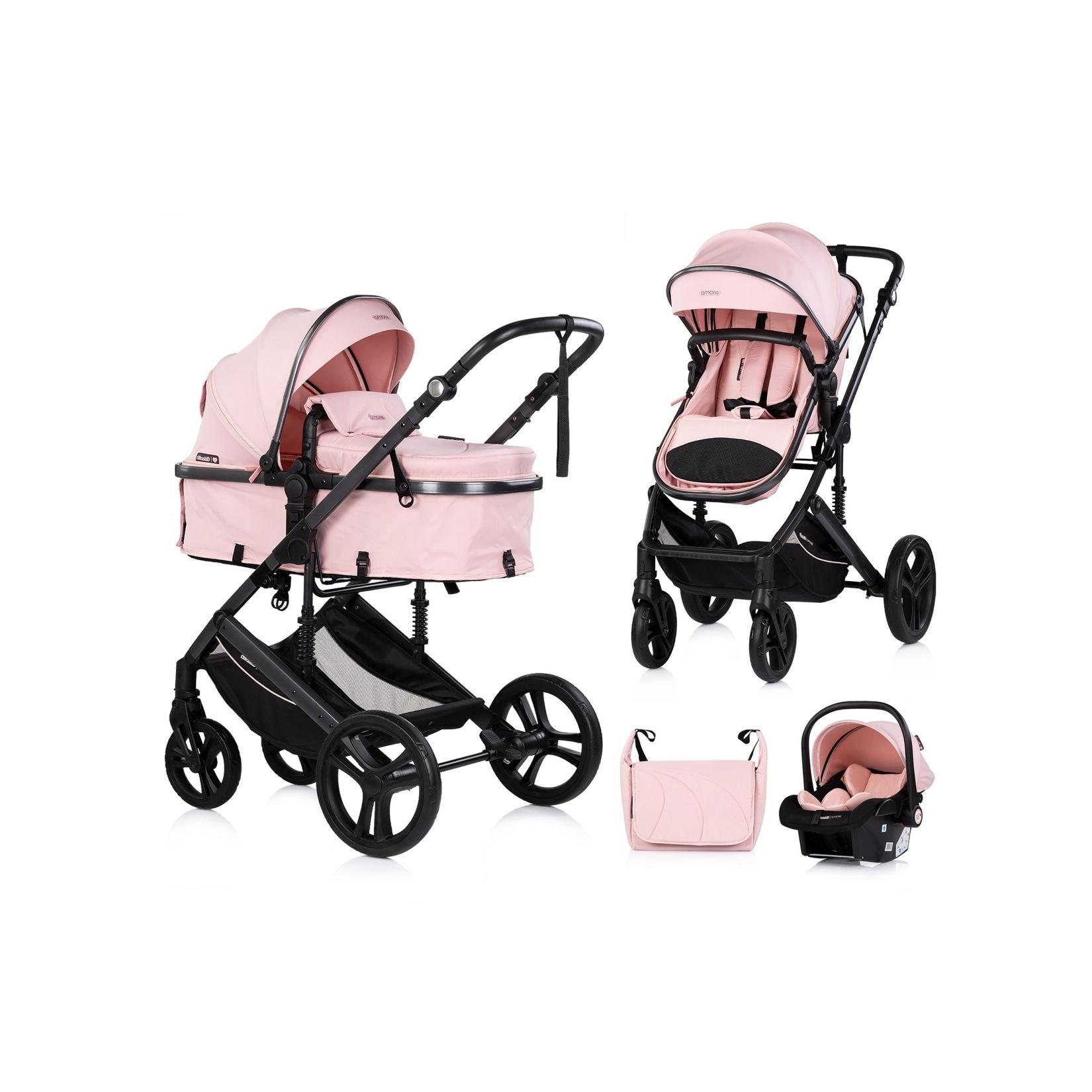 Chipolino Kinderwagen 3 in 1 Amore Babyschale Adapter Wickeltasche Fußabdeckung rosa pink