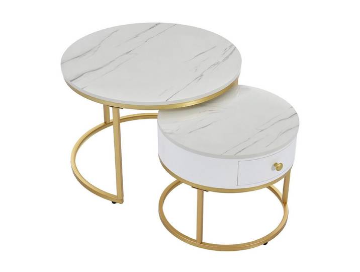 Merax Couchtisch Set rund Satztisch Wohnzimmertisch 1,5 cm Platte, hochglanz Marmoroptik aus Holz mit goldem Metallbeine