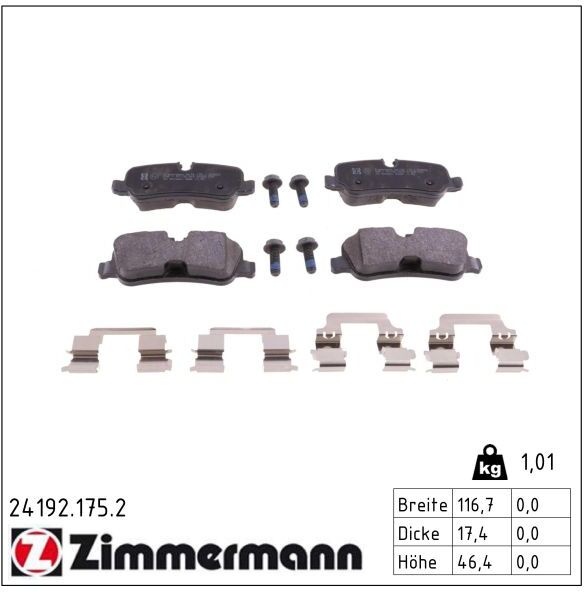 Zimmermann Bremsbelagsatz, Scheibenbremse 241921752 Hinterachse Für Land Rover